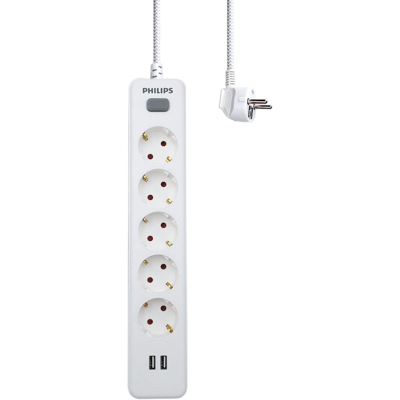 Regleta de 5 Enchufes Schuko y 2 Puertos USB de 2,4A, Interruptor Encendido/Apagado, Cable de Alimentacin Trenzado 1,5 Metros  - Color Blanco Philips
