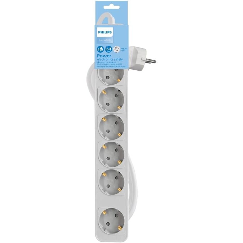 Philips Regleta de 6 Enchufes, Cable de 1.5 Metros, Interruptor Principal, Cierre de Seguridad Automtico, Indicador LED de Alimentacin - Color Blanco