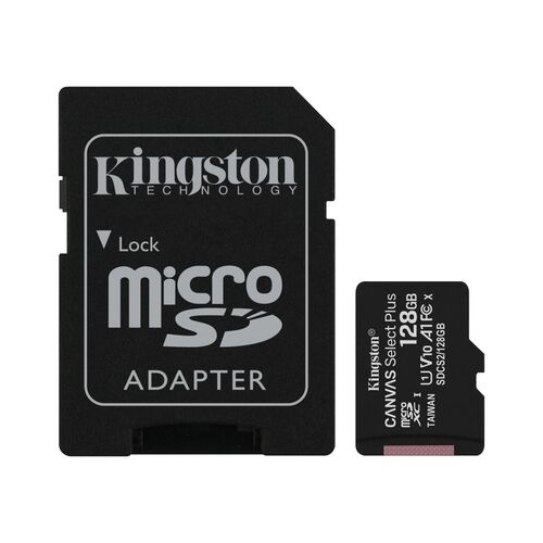 TARJETA MEMORIA MICROSD HC 128GB + ADAPTADOR KINGSTON CANVAS SELECT PLUS - CLASE 10 - 100MB/S (CanonDigital 0.24 incluido)