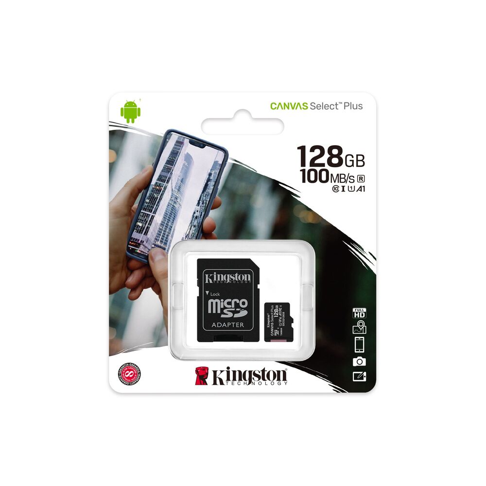 TARJETA MEMORIA MICROSD HC 128GB + ADAPTADOR KINGSTON CANVAS SELECT PLUS - CLASE 10 - 100MB/S