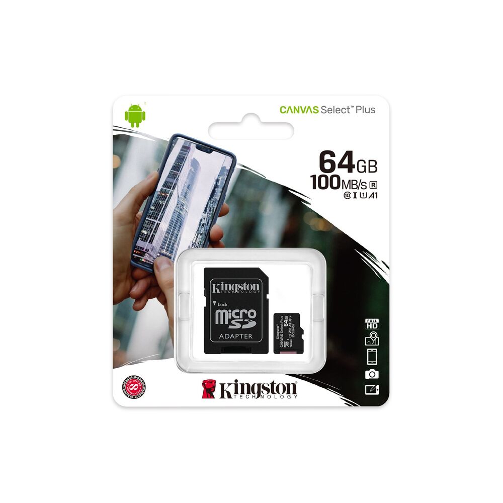 TARJETA MEMORIA MICROSD HC 64GB + ADAPTADOR KINGSTON CANVAS SELECT PLUS - CLASE 10 - 100MB/S