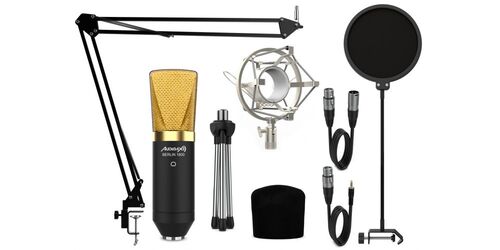 Audibax Berlin 1800 Gold (Negro/Oro) Pro Pack Micrfono Estudio + Soporte + Antipop + Cables