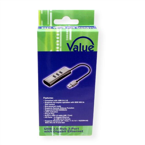 Convertidor  USB 3.2 Gen 1 a   Gigabit Ethernet + Hub  USB 3 Puertos VALUE