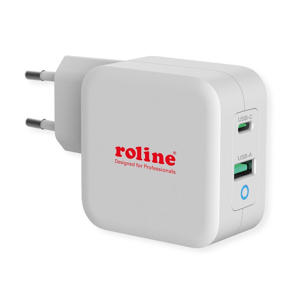 Cargador de Pared USB Enchufe Europeo, 2 Puertos, 1x QC3.0 + 1x C (PD), 65W  Blanco ROLINE 