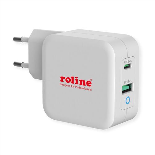 Cargador de Pared USB Enchufe Europeo, 2 Puertos, 1x QC3.0 + 1x C (PD), 65W Blanco ROLINE