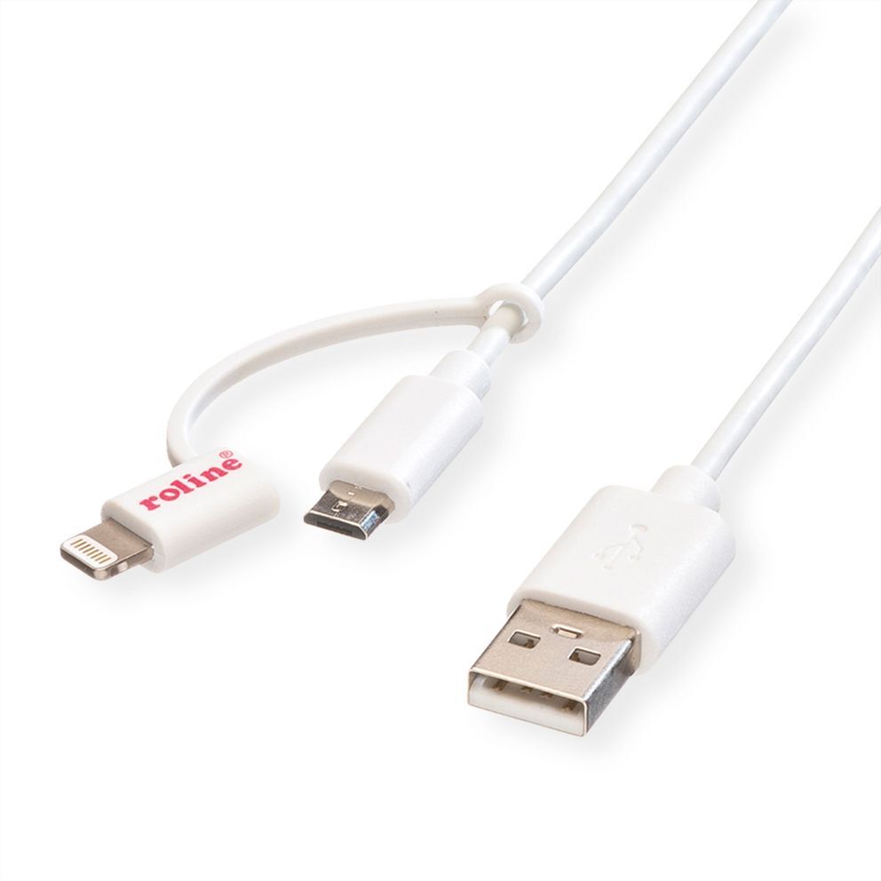 CABLE USB 2.0 1,0 M. LIGHTNING 8 PINES ( iPhone, iPad y iPod/Android) + MICRO USB, CARGADOR Y DATOS BLANCO ROLINE