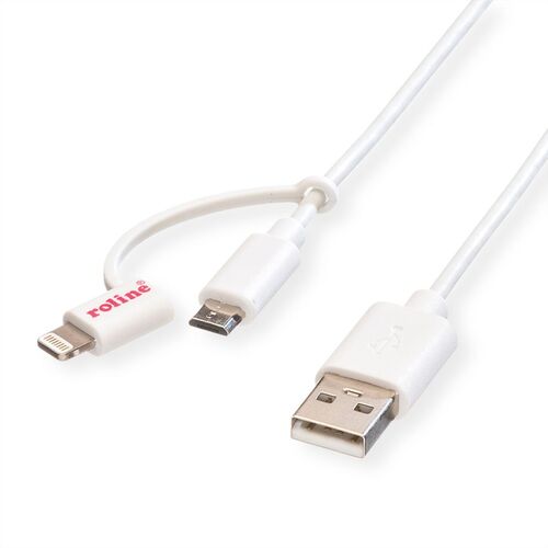 CABLE USB 2.0 1,0 M. LIGHTNING 8 PINES ( iPhone, iPad y iPod/Android) + MICRO USB, CARGADOR Y DATOS BLANCO ROLINE