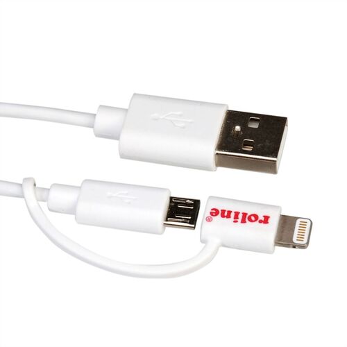 CABLE USB 2.0 1,0 M. LIGHTNING 8 PINES ( iPhone, iPad y iPod/Android) + MICRO USB, CARGADOR Y DATOS BLANCO ROLINE