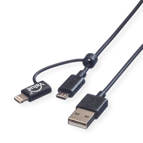 CABLE USB 2.0 1,0 M. LIGHTNING 8 PINES ( iPhone, iPad y iPod/Android) + MICRO USB, CARGADOR Y DATOS NEGRO VALUE