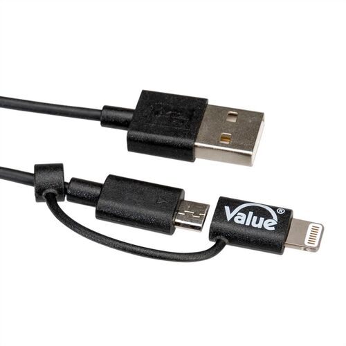 CABLE USB 2.0 1,0 M. LIGHTNING 8 PINES ( iPhone, iPad y iPod/Android) + MICRO USB, CARGADOR Y DATOS NEGRO VALUE