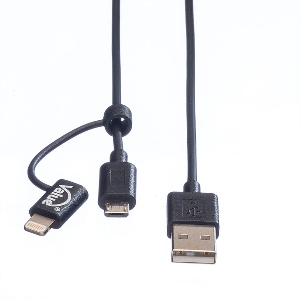 CABLE USB 2.0 1,0 M. LIGHTNING 8 PINES ( iPhone, iPad y iPod/Android) + MICRO USB, CARGA Y DATOS NEGRO VALUE-gallery-thumb-2