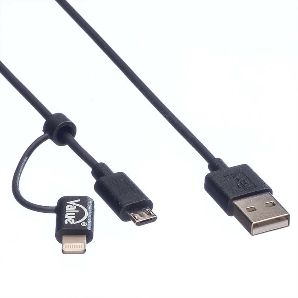 CABLE USB 2.0 1,0 M. LIGHTNING 8 PINES ( iPhone, iPad y iPod/Android) + MICRO USB, CARGA Y DATOS NEGRO VALUE