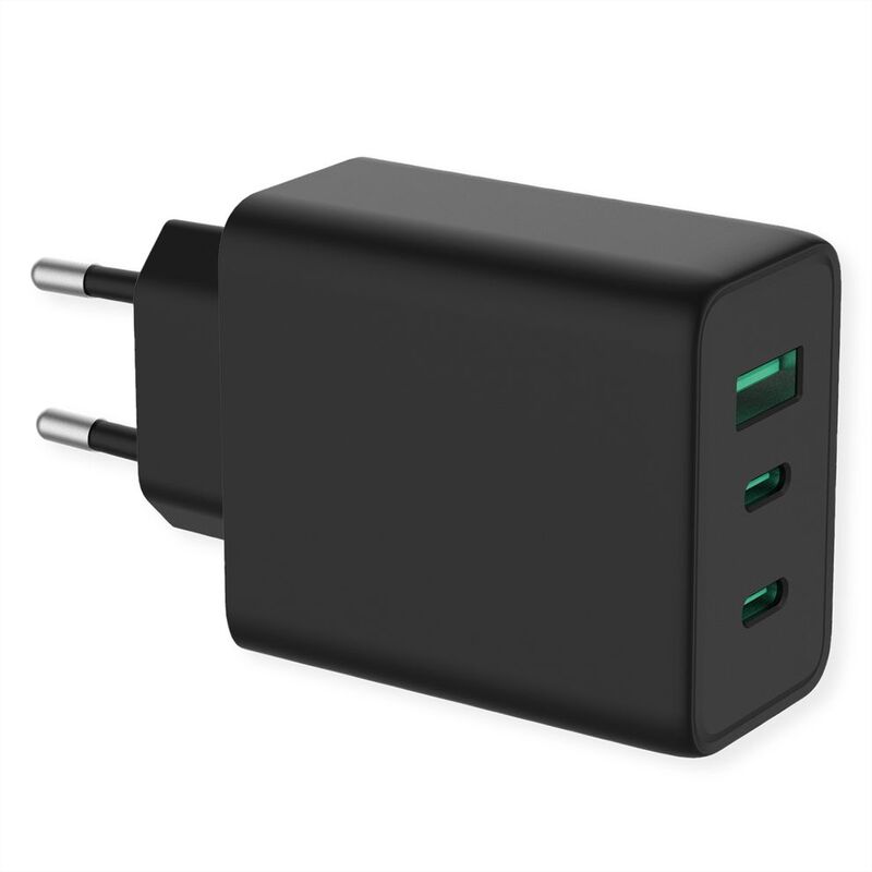 VALUE USB Power Wall Charger, EU Plug, GaN, 2x Type C + 1x Type A Port, 65W