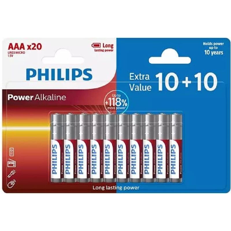 PHILIPS Pilas AAA - LR03/1,5V - Pilas Alcalinas - 20 Unidades