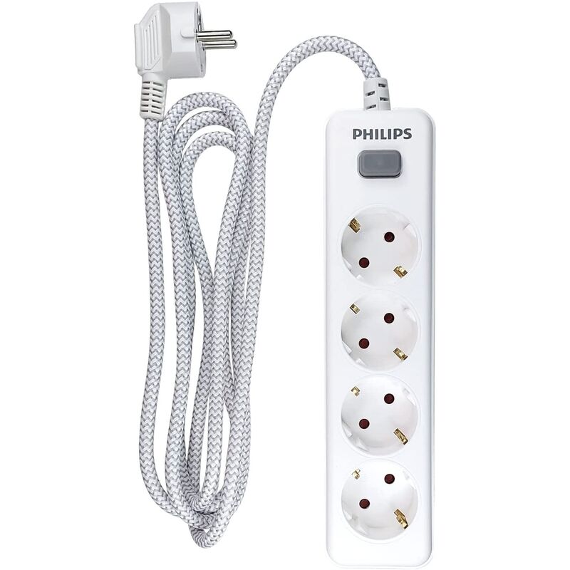 Regleta de 4 Enchufes Schuko, Interruptor Encendido/Apagado, Cable de Alimentación Trenzado 2 Metros (Alta Resistencia) - Color Blanco