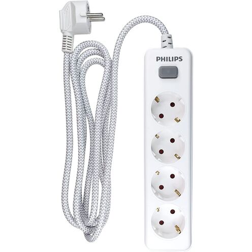 Regleta con protección contra sobretensiones (4 enchufes, 600 J, Cable de 2  m e Interruptor, Conector Tipo F), Color Blanco Philips 