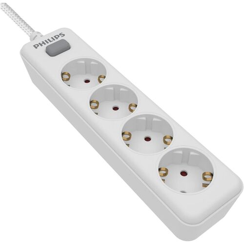 Regleta de 4 Enchufes Schuko, Interruptor Encendido/Apagado, Cable de Alimentacin Trenzado 2 Metros (Alta Resistencia) - Color Blanco