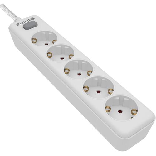 Regleta de 5 Enchufes Schuko, Interruptor Encendido/Apagado, Cable de Alimentacin Trenzado 1,5 Metros (Alta Resistencia) - Color Blanco Philips