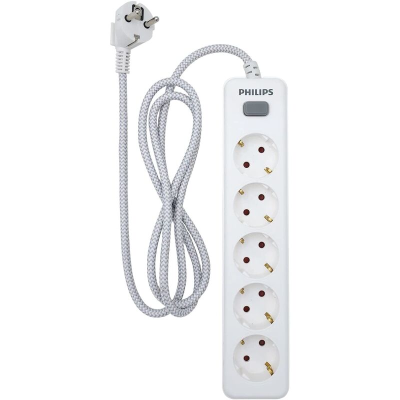 Regleta de 5 Enchufes Schuko, Interruptor Encendido/Apagado, Cable de Alimentación Trenzado 1,5 Metros (Alta Resistencia) - Color Blanco Philips