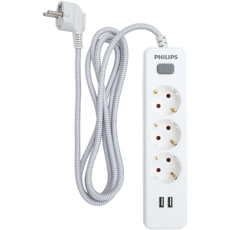 Regleta de 3 enchufes con 2  Puertos USB, Cable alimentacion trenzado, Color Blanco Philips