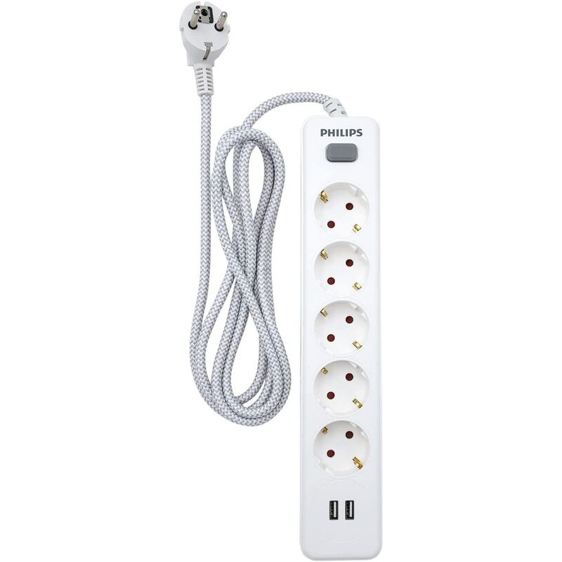 Regleta de 5 Enchufes Schuko y 2 Puertos USB de 2,4A, Interruptor Encendido/Apagado, Cable de Alimentación Trenzado 1,5 Metros  - Color Blanco Philips