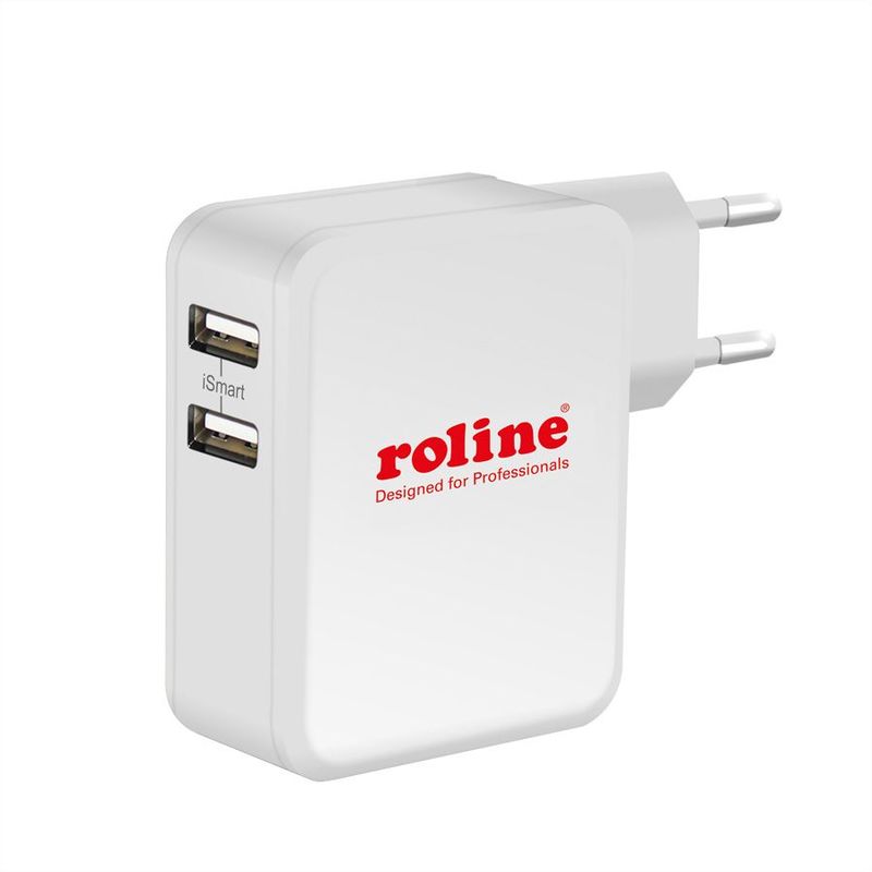 CARGADOR DE PARED USB 2 PUERTOS  A RED 100-240 V AC - SALIDAS:  5 V, 2,4 A X 2 ,  24 W,  BLANCO ROLINE