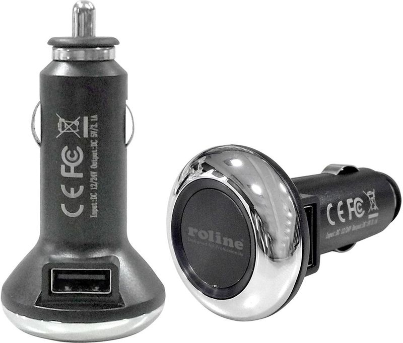 CARGADOR USB 2 PUERTOS  COCHE 12/24 V 2.1 A - 1 A  TOMA LATERAL NEGRO ROLINE