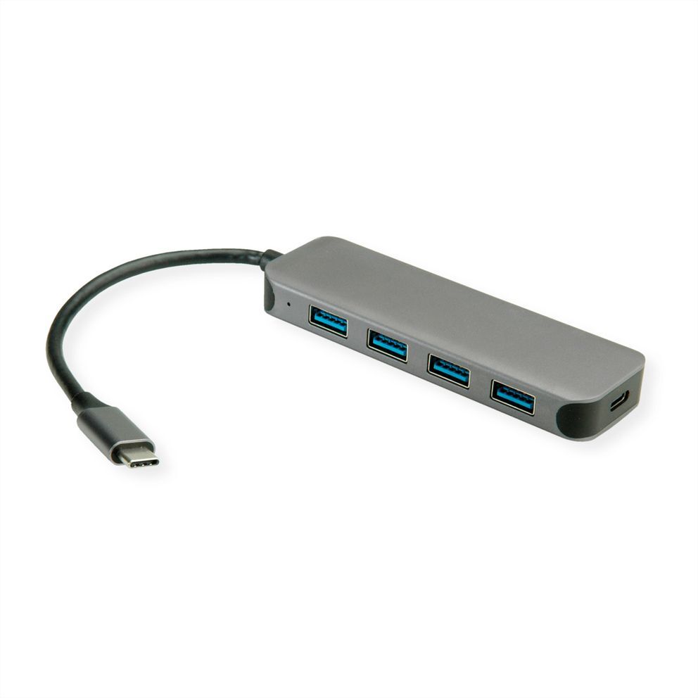 HUB USB 3.2 Gen 1, 4 puertos, cable de conexión tipo C, con puerto de alimentación VALUE